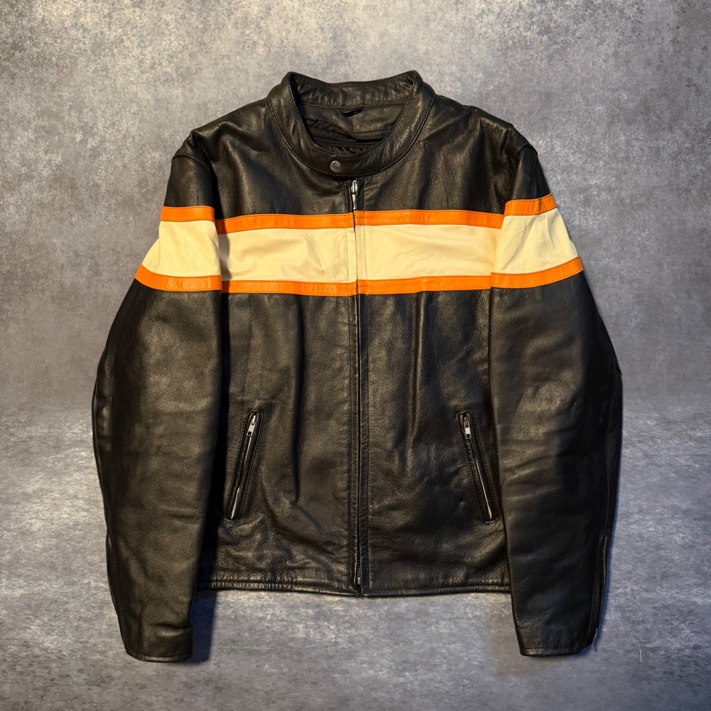 Vintage Men's Black Leather Cafe Racer Jacket Orange Cream Stripe Biker Moto 48